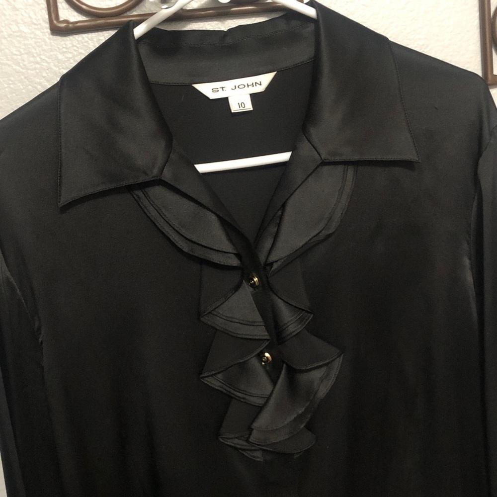 StJohn SILK Elegant sz10 Black Cascading RUFFLE button front long Slv BLOUSE EUC - Picture 2 of 5